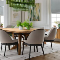 This light and airy dining room features a salvaged wood table and mismatched chairs The neutral tones are accented with pops of green from the floral arrangement and abstract painting3, Generative AI
