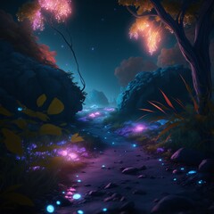 Mesmerizing bioluminescent night scene - nature, magic plants and creatures, in a colorful forest with a spectacular volumetric background, stars above. The breathtaking landscape, vibrant blue, pink