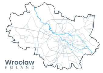 Urban Wroclaw map. Detailed map of Wroclaw, Poland. City poster with streets and Odra River. Light stroke version.