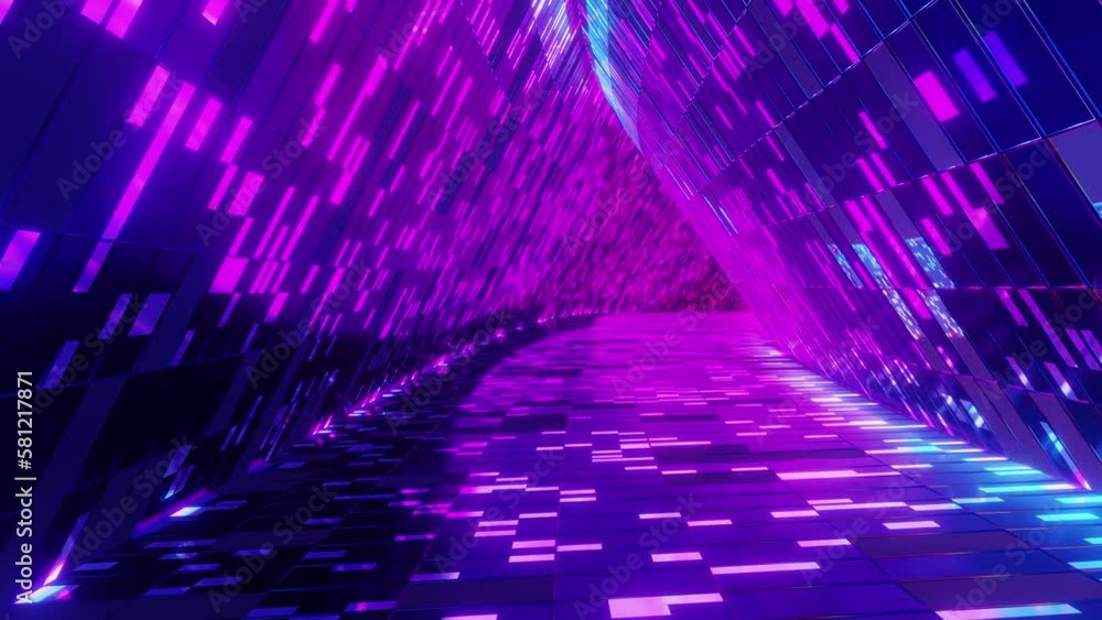 Poster 3d render loop animation of tunnel with glowing neon pattern