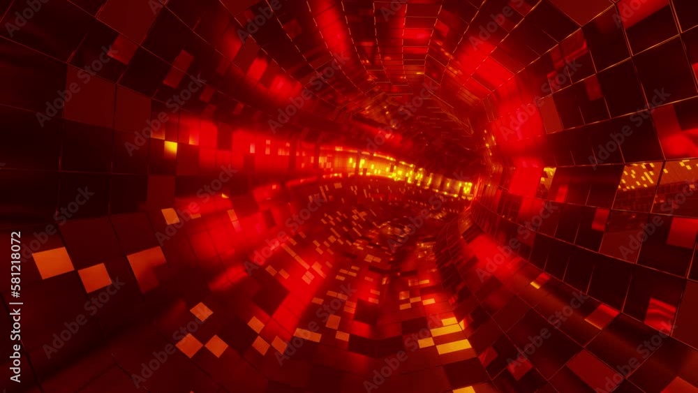 Poster 3d render loop animation of tunnel with glowing red neon pattern