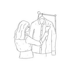 Girl is ironing clean shirt with hand steamer. Portable iron with steamer. Homemade routine, preparing clothes, domestic appliance. Black and white vector isolated illustration hand drawn