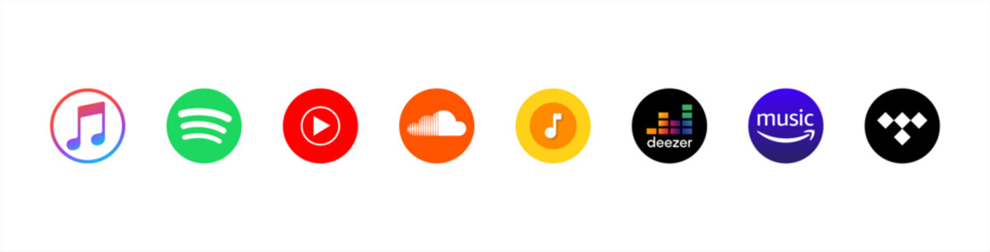 Popular Music streaming services listen on badges set. Apple Music, Spotify, Youtube Music, and Soundcloud. Simple, vector, printed on paper. icon for website design, and mobile app. Vector 10 EPS.