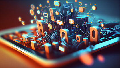 Fototapeta premium A virtual Smart Device with icons and connection line for data exchange from globalization innovation technology Digital contents concept Communication network - Generative AI