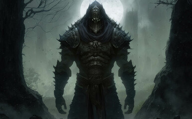 An orc bowing down to the moonlight spilling through a tree canopy. Fantasy art. AI generation.