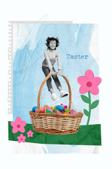 Collage photo postcard advert preparation bucket gifts easter holiday feast schoolboy jumping crazy picnic time have fun isolated on blue background