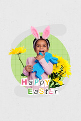 Illustration collage photo of little cute schoolgirl preteen age play with decor blue bunny toy wear headband ears happy easter on gray background
