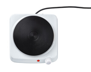 Single burner portable cooktop cutout. Hot plate for cooking isolated on a white background. Compact electric burner with temperature adjustment knob. Home appliances concept.