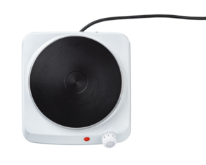 Single burner portable cooktop cutout. Hot plate for cooking isolated on a white background. Compact electric burner with temperature adjustment knob. Home appliances concept.