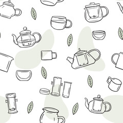 Tea ware hand drawn seamless pattern. Doodle teapots, Doodle green tea vector pattern - 581218647