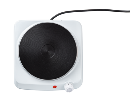 Single burner portable cooktop cutout. Hot plate for cooking isolated on a white background. Compact electric burner with temperature adjustment knob. Home appliances concept.
