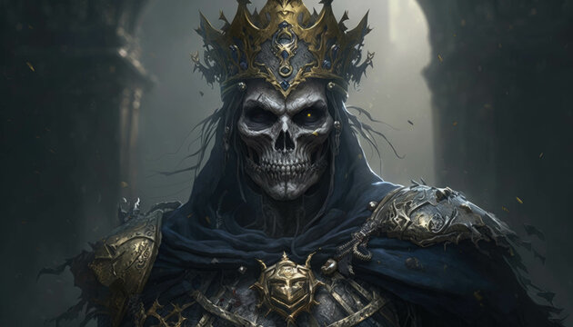 An ancient lich reigns amongst a kingdom of the dead its loyal undead subjects sworn to obey. Fantasy art. AI generation.
