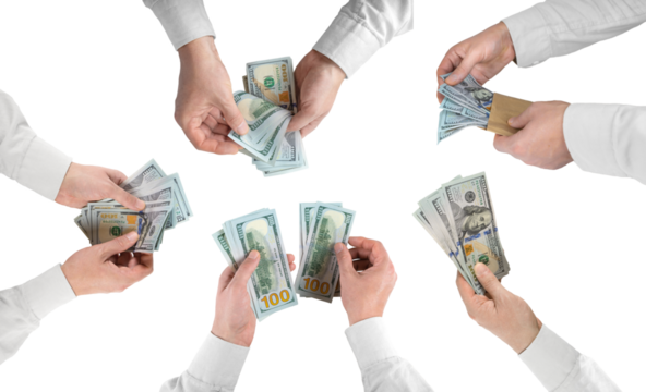 Man counting money. Collage, set of hands with banknotes on transparent background, PNG. Economy concept, US dollar falling or rising, business, finance, bank, currency