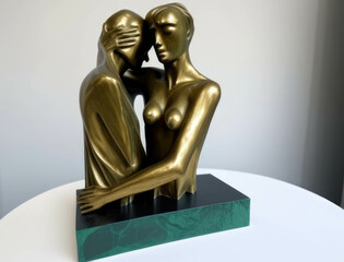 A bronze sculpture of a man and woman in an embrace. AI generation.