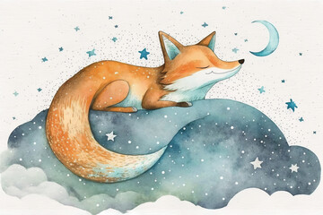 Cute little fox sleeping on a cloud with a Crescent moon and stars watercolor, Generative AI