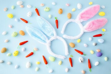 On a blue background, Easter decorations for decor, decorative Easter eggs and carrots, fluffy cute rabbit ears.  Easter bright holiday concept.  Flat lay top view.