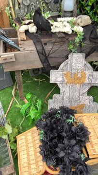 pirate sailor skeleton in a red patch and an eye patch with a black patch looks at the camera he sits on the straw behind him tombstones Halloween Types of lanterns and other Halloween decorations