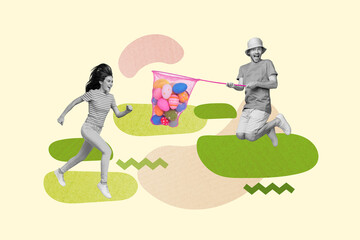 Creative 3d photo collage artwork graphics of funky excited couple collecting nettle easter eggs isolated drawing background