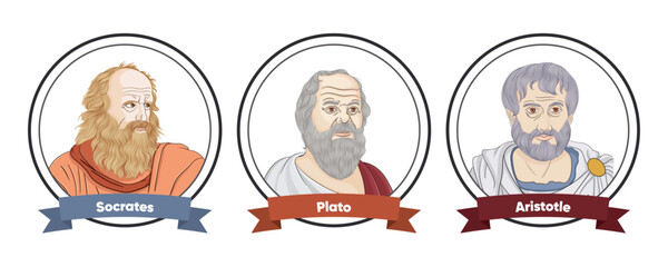 Greek philosophers from Athens, Socrates, Plato and Aristotle sketch style vector portrait 