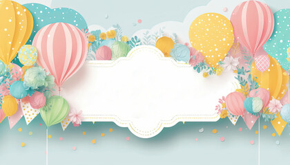Pastel hot air balloon banner illustration with white copy space, generative ai baby shower or birthday background