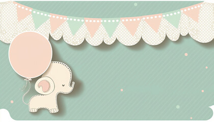Blue baby shower banner with bunting flags, cute elephant and copy space, generative ai nursery art