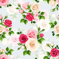 Seamless floral pattern with red, pink, and white rose flowers on a blue background. Vector illustration 