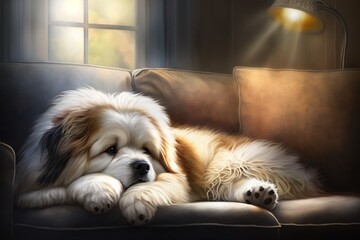 Fluffy dog sleeping on the couch