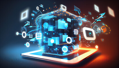 Fototapeta premium A virtual Smart Device with icons and connection line for data exchange from globalization innovation technology Digital contents concept Communication network - Generative AI