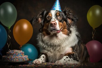 Fototapeta na wymiar Happy Birthday party concept. Funny cute puppy dog wearing birthday silly hat 