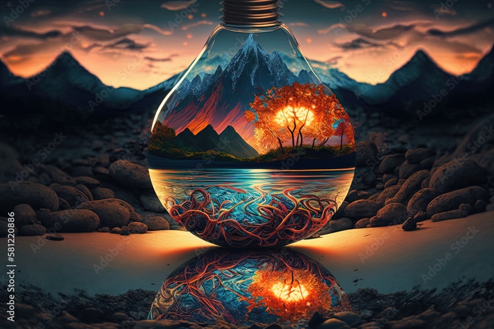 Poster mystical patterns illuminated with colorful reflection: a luminous fantasy bulb landscape generative