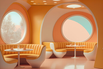 70s Restaurant interior, vintage style, retro colors, Generative AI
