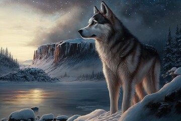 Majestic Winter Guardians: A Fantasy Siberian Husky Illustration Generative AI