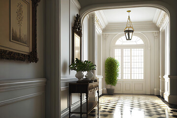 Fototapeta na wymiar Luxurious bright entrance hall as interior design concept illustration (Generative AI)