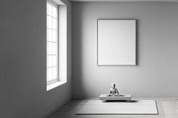 Modern minimalist white meditation room as interior design concept illustration with white empty picture frame mock-up for poster design(Generative AI)