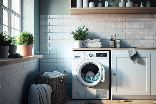 Modern bright laundry room as interior design illustration (Generative AI)
