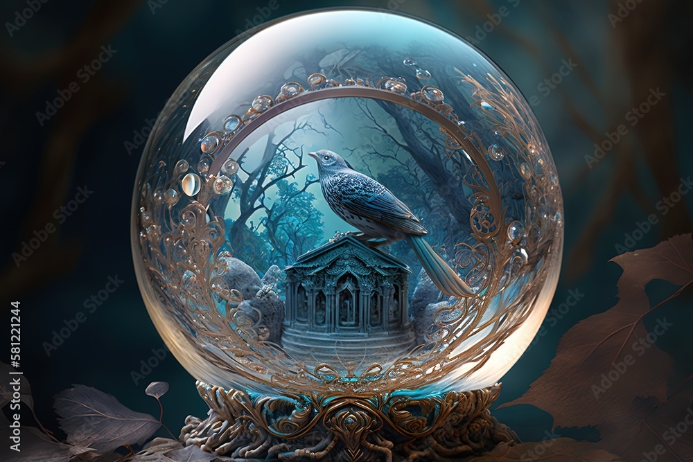 Poster visions of mystical realms encased within a crystal orb generative ai
