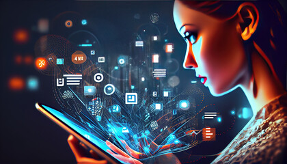 A virtual Smart Device with icons and connection line for data exchange from globalization innovation technology Digital contents concept Communication network - Generative AI