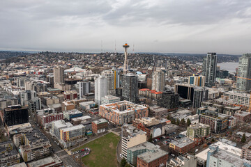 Panoramic aerial view of Space Needle cityscape with surrounding Seattle, Washington landscape 