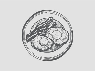 Eggs and Bacon on a plate. Breakfast.  Hand Drawn illustration.