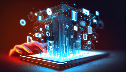 A virtual Smart Device with icons and connection line for data exchange from globalization innovation technology Digital contents concept Communication network - Generative AI