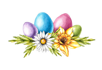 Watercolor Easter composition with colored eggs, flowers, butterflies on white