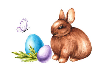 Watercolor easter composition with easter bunny, colored eggs, flowers on white
