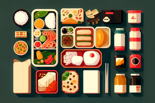 illustration, flat lay, knolling. Banner with menu for sushi bar. Big set with rolls and sashimi, raw fish, on a dark background. The concept of healthy food, Asian cuisine. Generative AI content,