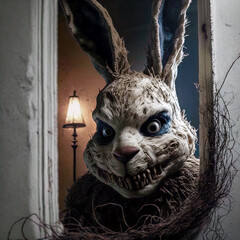 Scary easter bunny from horror, concept of evil deadly rabbit. Generative AI