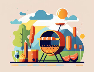 Naklejka premium A festive summer barbecue with smoky sausages and hotdogs. AI generation.