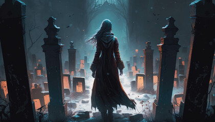 A woman in a dark robe walking among the gravestones of a forgotten cemetery. Fantasy art. AI generation.