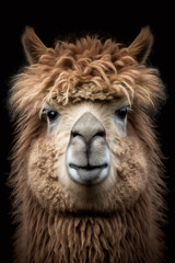 beautiful close-up portrait of a cool looking furry fawn alpaca on black background - post-processed generative AI