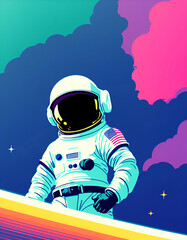 Obraz na płótnie Canvas astronaut in spacesuit on alien planet in space night background new quality universal joyful colorful stock image universe illustration wallpaper design, Generative AI
