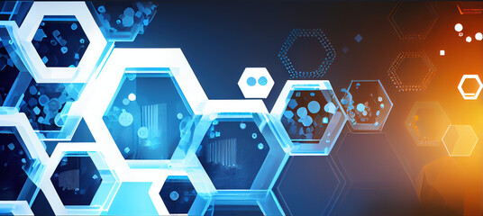 Obraz na płótnie Canvas Industrial, industry software, website banner, commercial, several translucent hexagon, orange blue background - Generative AI