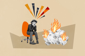 Picture sketch 3d collage artwork image of bored unhappy sad man burn waste unsuccessful project isolated on painting background